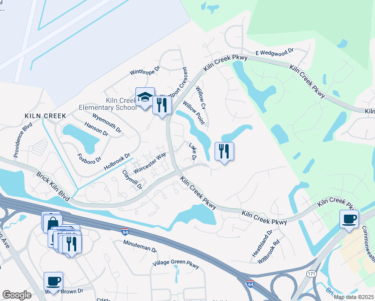 map of restaurants, bars, coffee shops, grocery stores, and more near 1269 Lake Drive in Newport News