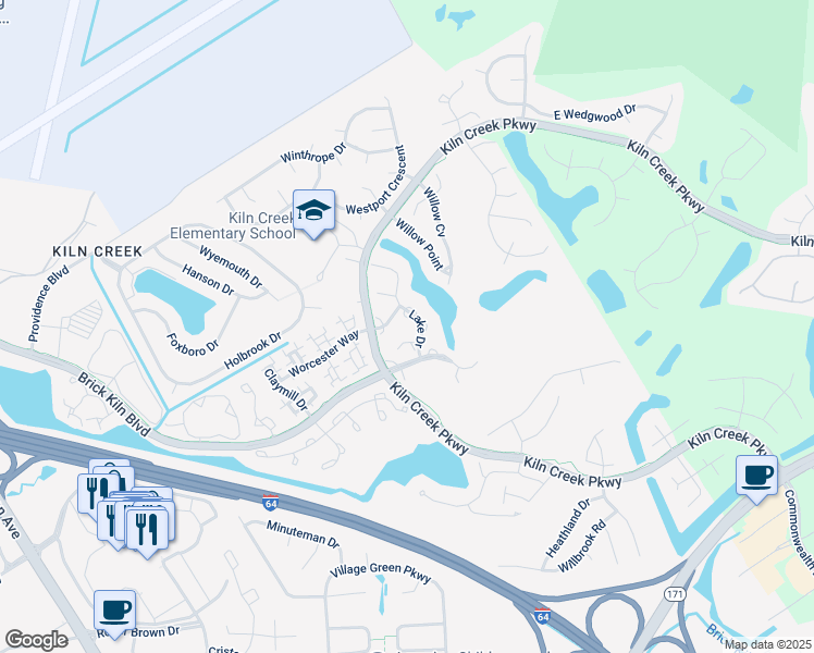 map of restaurants, bars, coffee shops, grocery stores, and more near 1269 Lake Drive in Newport News