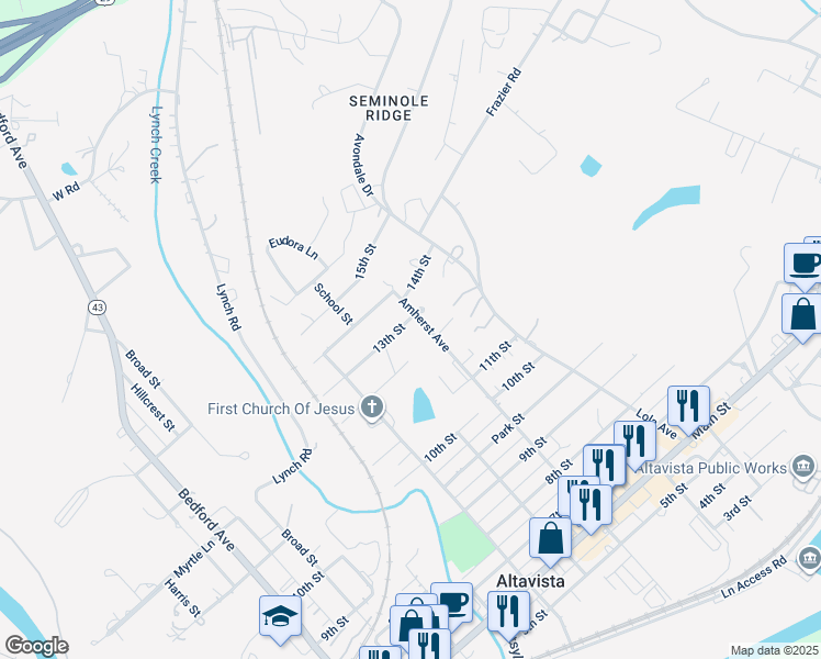 map of restaurants, bars, coffee shops, grocery stores, and more near 911 13th Street in Altavista