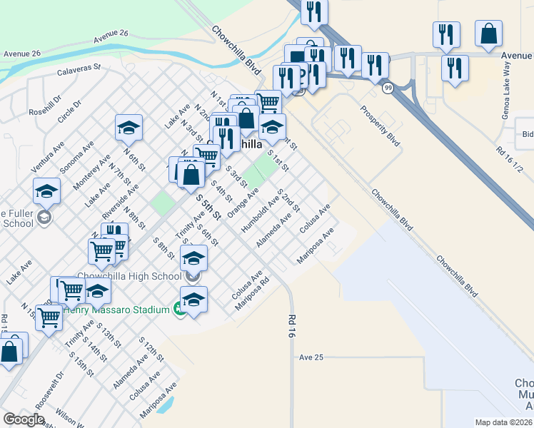 map of restaurants, bars, coffee shops, grocery stores, and more near 312 Alameda Avenue in Chowchilla