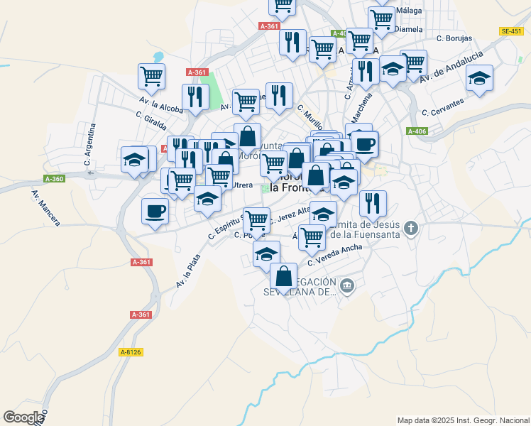 map of restaurants, bars, coffee shops, grocery stores, and more near 9A Calle Calzadilla in Morón de la Frontera