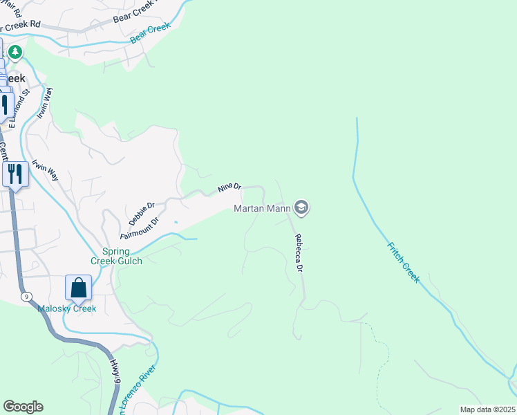 map of restaurants, bars, coffee shops, grocery stores, and more near 1025 Elsie Mae Drive in Boulder Creek