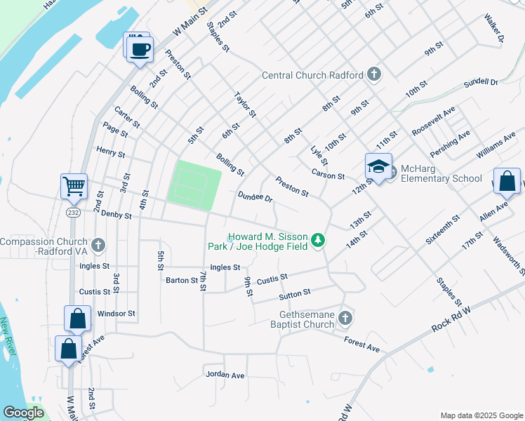 map of restaurants, bars, coffee shops, grocery stores, and more near 905 Pendleton Street in Radford