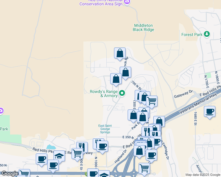 map of restaurants, bars, coffee shops, grocery stores, and more near 683 North 1100 East in St. George