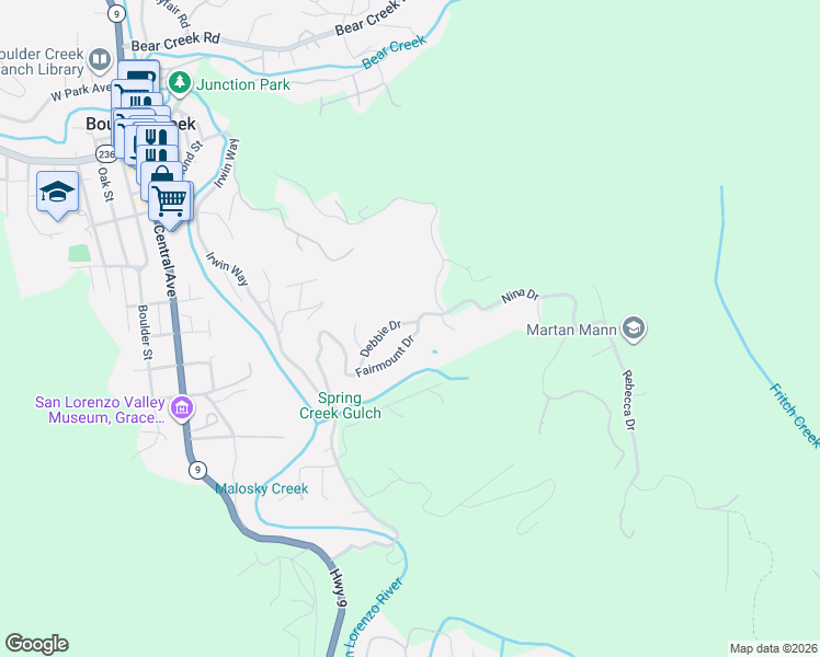 map of restaurants, bars, coffee shops, grocery stores, and more near 644 Debbie Drive in Boulder Creek