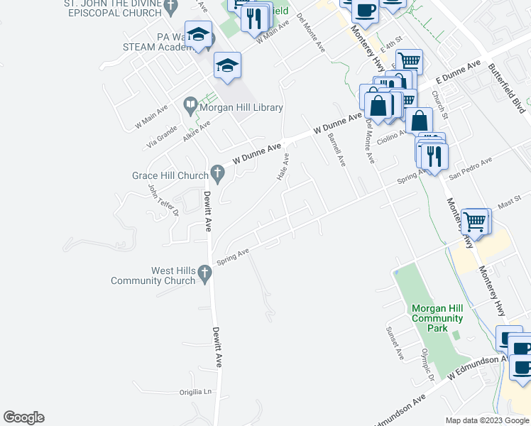 map of restaurants, bars, coffee shops, grocery stores, and more near 16761 Dry Creek Court in Morgan Hill
