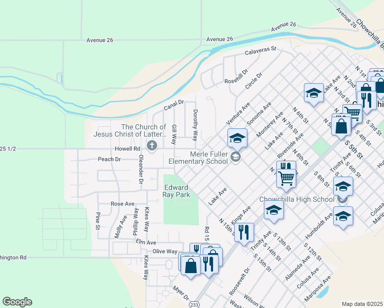 map of restaurants, bars, coffee shops, grocery stores, and more near 1304 Ventura Avenue in Chowchilla