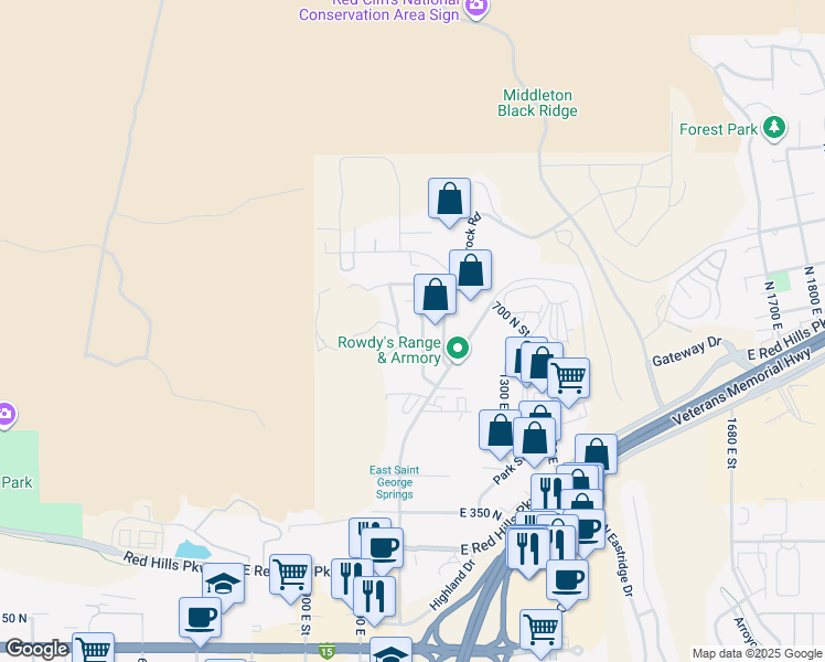 map of restaurants, bars, coffee shops, grocery stores, and more near 683 North 1100 East in St. George