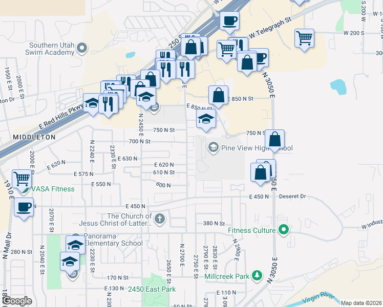 map of restaurants, bars, coffee shops, grocery stores, and more near 618 2720 East Street in St. George