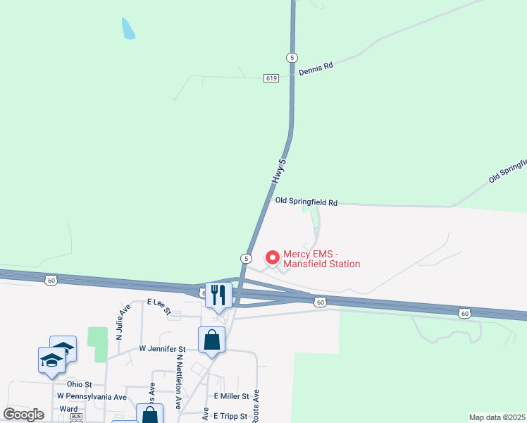 map of restaurants, bars, coffee shops, grocery stores, and more near Missouri 5 in Mansfield
