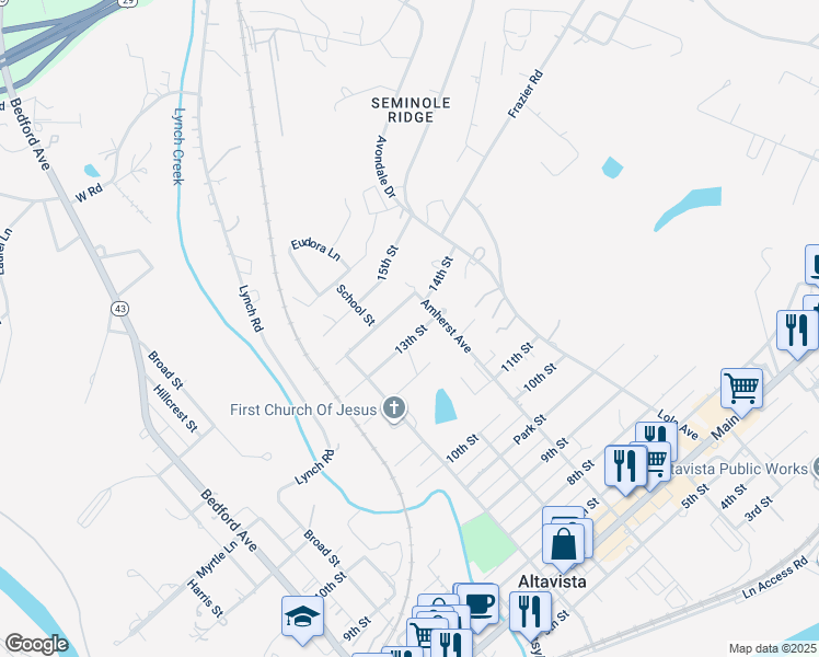 map of restaurants, bars, coffee shops, grocery stores, and more near 902 13th Street in Altavista