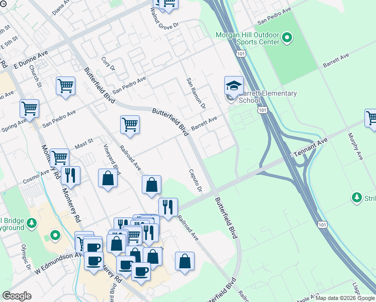 map of restaurants, bars, coffee shops, grocery stores, and more near 16095 Caputo Dr in Morgan Hill