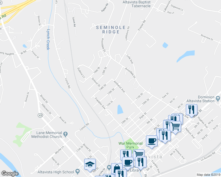 map of restaurants, bars, coffee shops, grocery stores, and more near 902 13th Street in Altavista