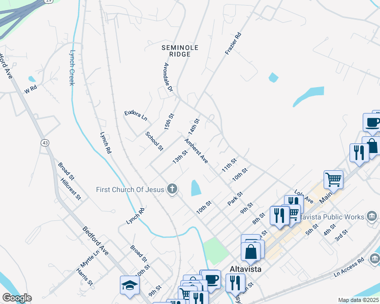 map of restaurants, bars, coffee shops, grocery stores, and more near 911 13th Street in Altavista