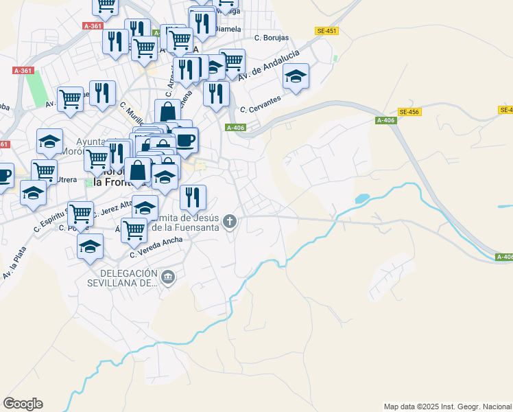 map of restaurants, bars, coffee shops, grocery stores, and more near 106 Calle Fuensanta in Morón de la Frontera