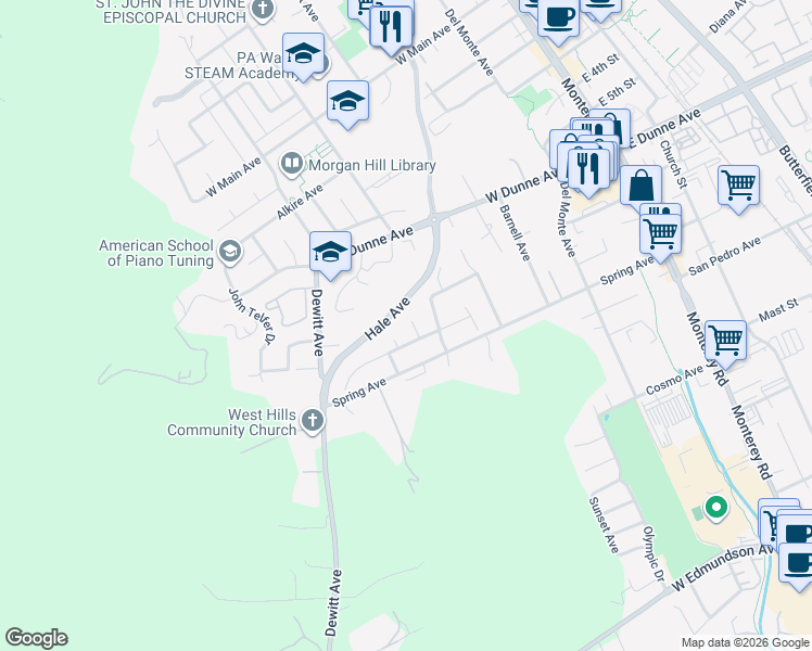 map of restaurants, bars, coffee shops, grocery stores, and more near 16761 Dry Creek Court in Morgan Hill