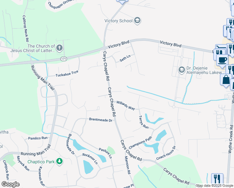 map of restaurants, bars, coffee shops, grocery stores, and more near 104 Jeffrey Kenneth Place in Yorktown