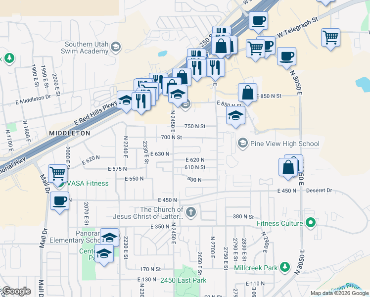 map of restaurants, bars, coffee shops, grocery stores, and more near 646 North 2450 East in St. George