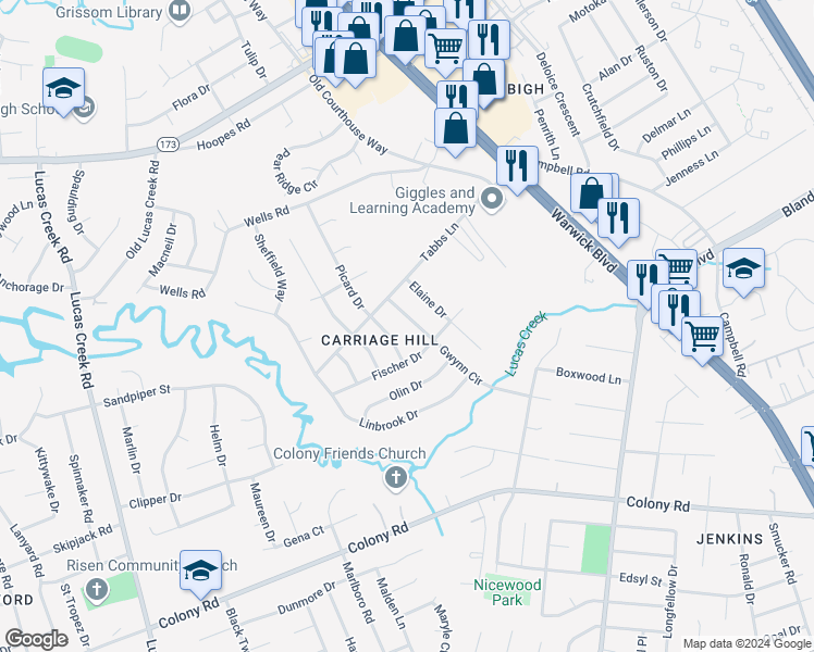 map of restaurants, bars, coffee shops, grocery stores, and more near 125 Gwynn Circle in Newport News