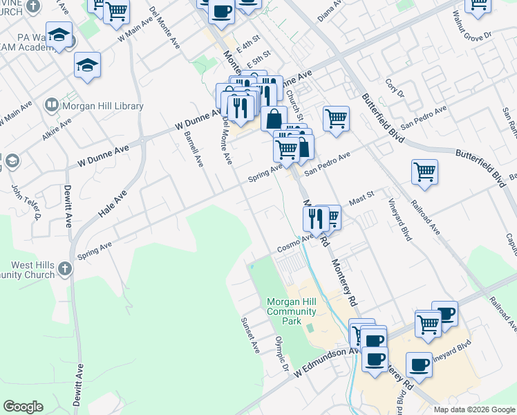 map of restaurants, bars, coffee shops, grocery stores, and more near 185 Mathilda Court in Morgan Hill
