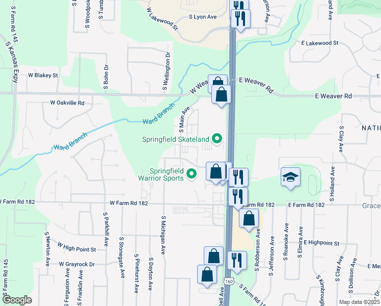 map of restaurants, bars, coffee shops, grocery stores, and more near 565 West Bryant Street in Springfield