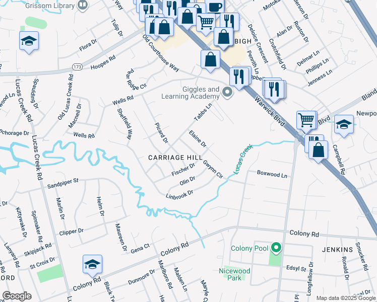 map of restaurants, bars, coffee shops, grocery stores, and more near 125 Gwynn Circle in Newport News