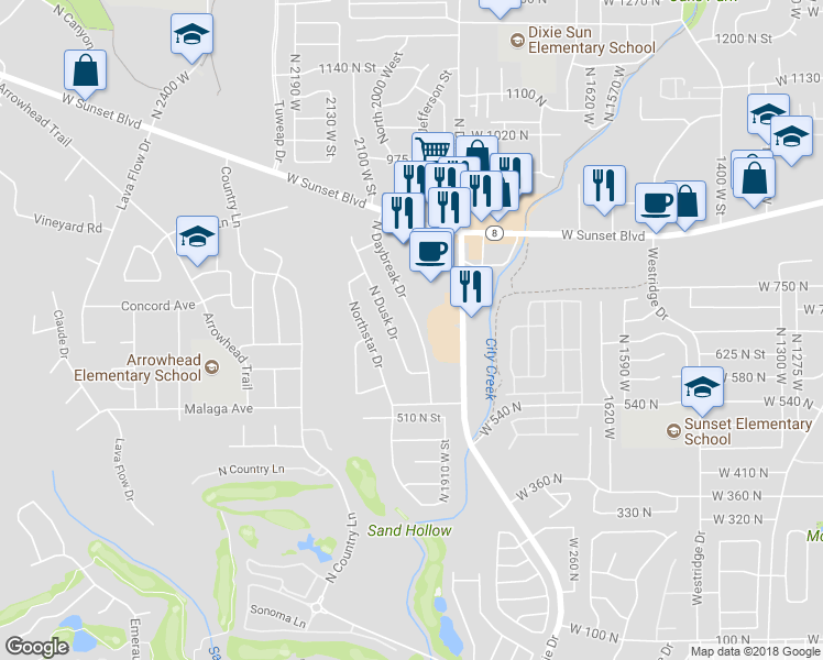 map of restaurants, bars, coffee shops, grocery stores, and more near 667 North Daybreak Drive in St. George