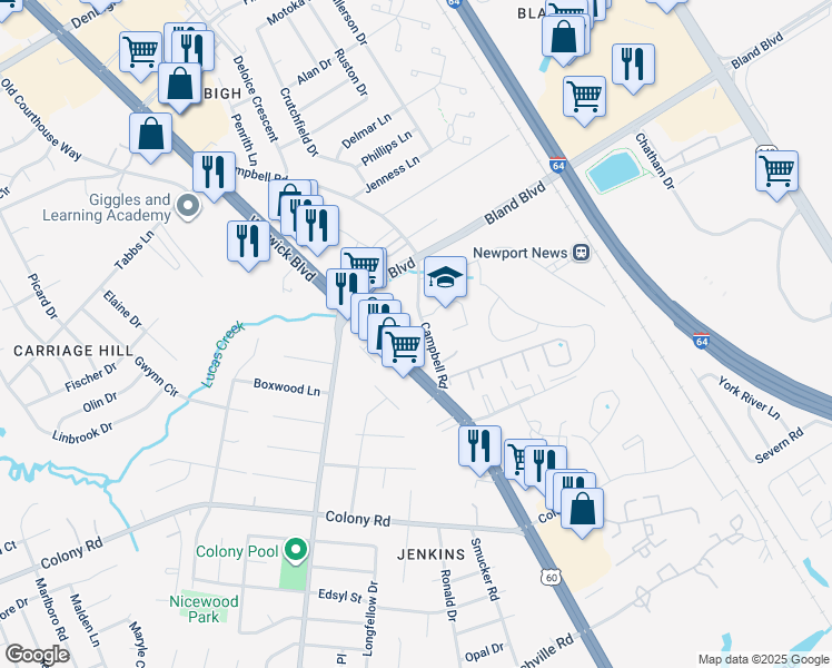 map of restaurants, bars, coffee shops, grocery stores, and more near 3641 Campbell Road in Newport News