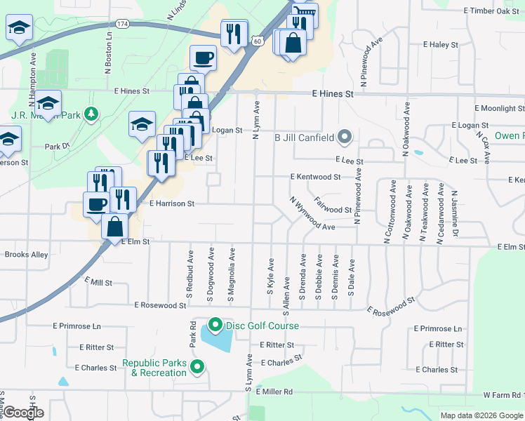 map of restaurants, bars, coffee shops, grocery stores, and more near 204 North Lynn Avenue in Republic