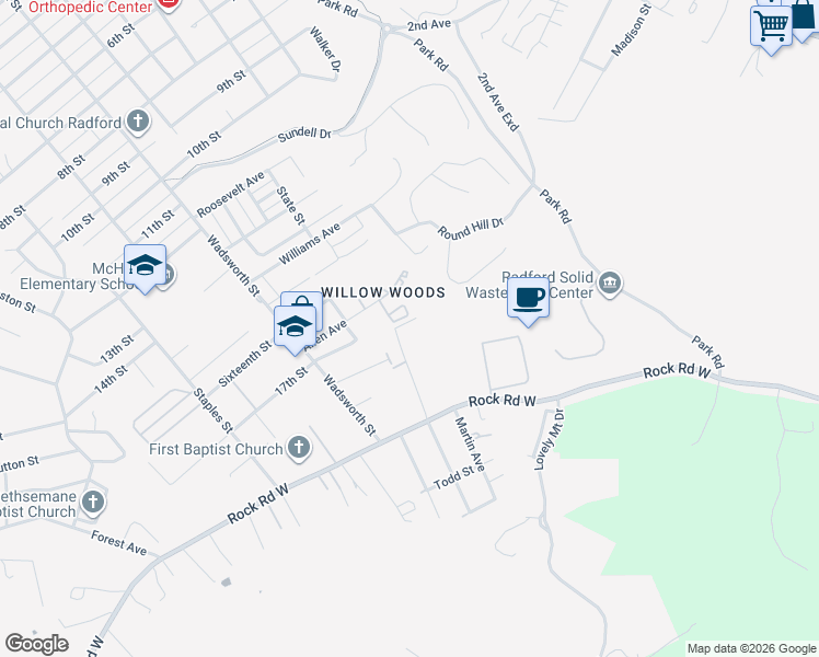 map of restaurants, bars, coffee shops, grocery stores, and more near 222 Allen Avenue in Radford