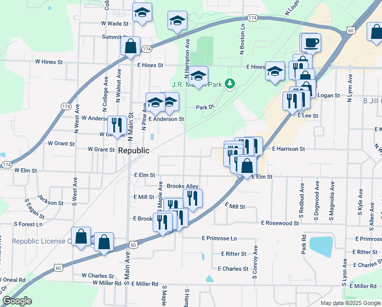 map of restaurants, bars, coffee shops, grocery stores, and more near 226 North Hampton Avenue in Republic