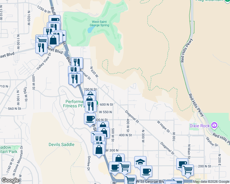 map of restaurants, bars, coffee shops, grocery stores, and more near 695 500 West Street in St. George