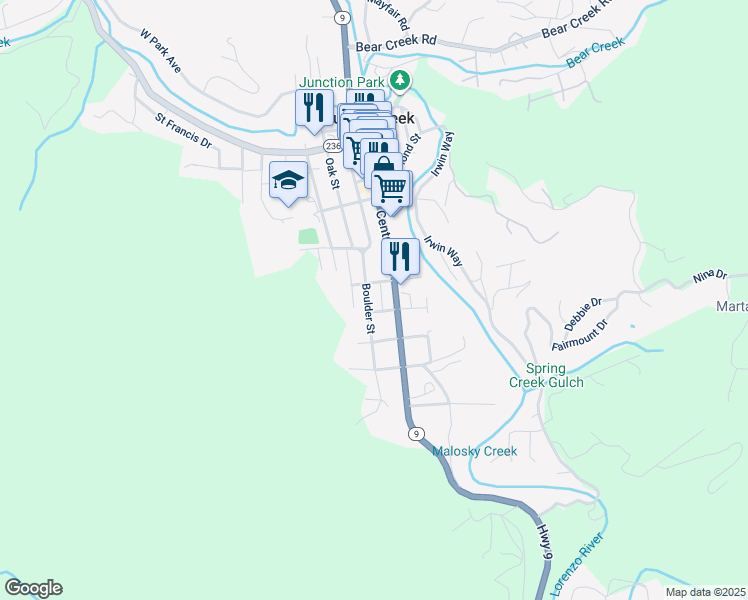 map of restaurants, bars, coffee shops, grocery stores, and more near 12800 Boulder Street in Boulder Creek