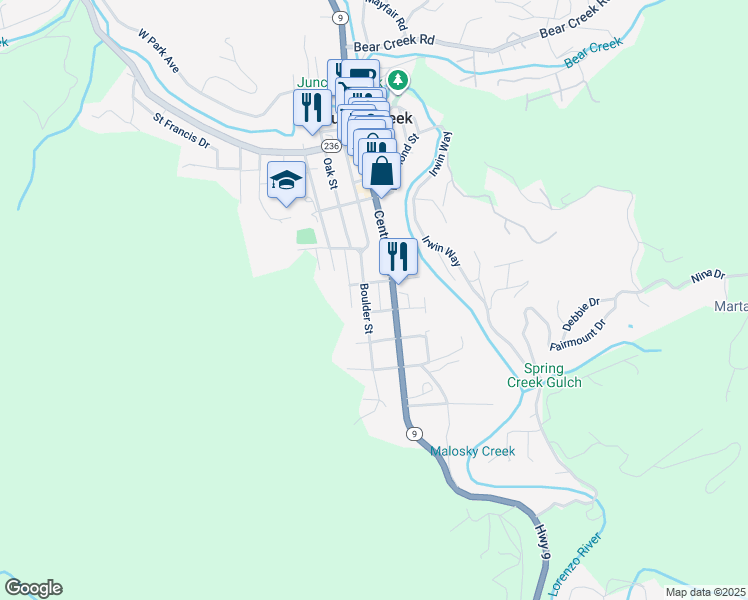map of restaurants, bars, coffee shops, grocery stores, and more near 12800 Boulder Street in Boulder Creek
