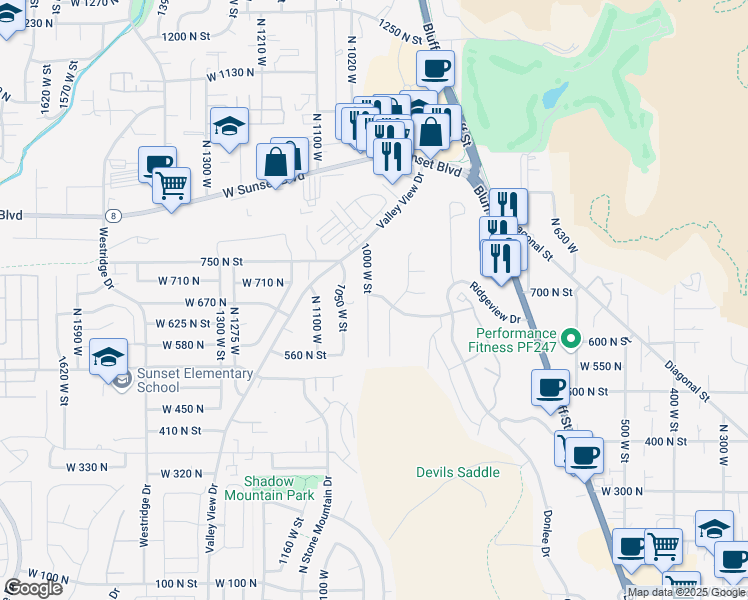 map of restaurants, bars, coffee shops, grocery stores, and more near 730 North 1000 West in St. George