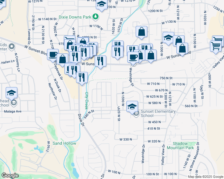 map of restaurants, bars, coffee shops, grocery stores, and more near 1732 West 540 North in St. George