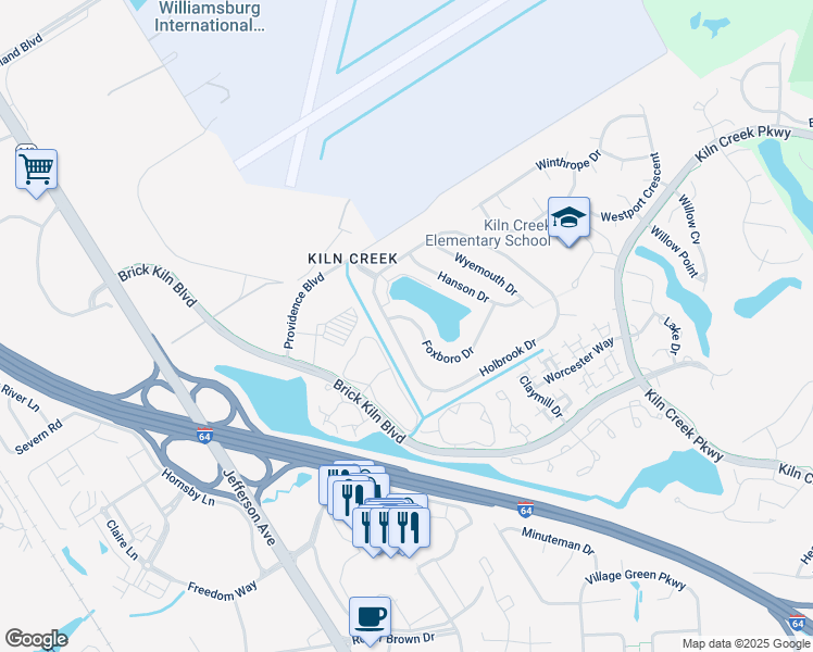 map of restaurants, bars, coffee shops, grocery stores, and more near 912 Foxboro Drive in Newport News