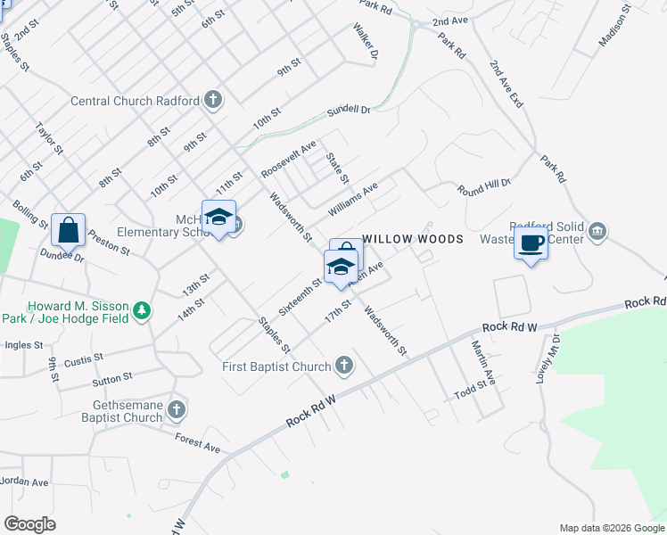 map of restaurants, bars, coffee shops, grocery stores, and more near 1600 Wadsworth Street in Radford