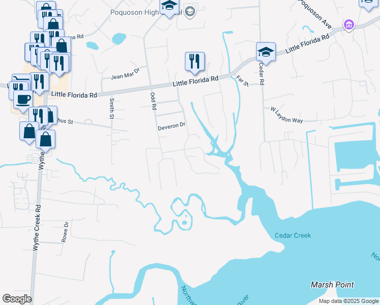 map of restaurants, bars, coffee shops, grocery stores, and more near 27 Robert Bruce Road in Poquoson