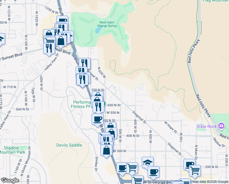 map of restaurants, bars, coffee shops, grocery stores, and more near 550 Diagonal Street in St. George