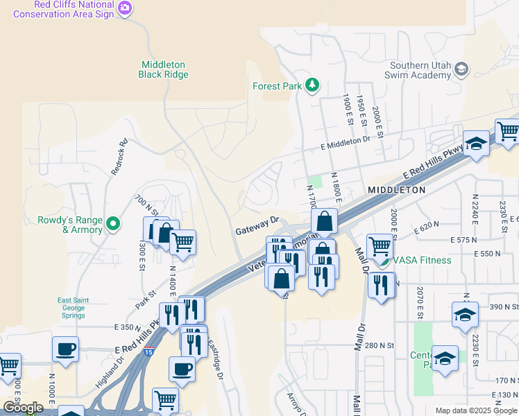 map of restaurants, bars, coffee shops, grocery stores, and more near 840 Twin Lakes Drive in St. George