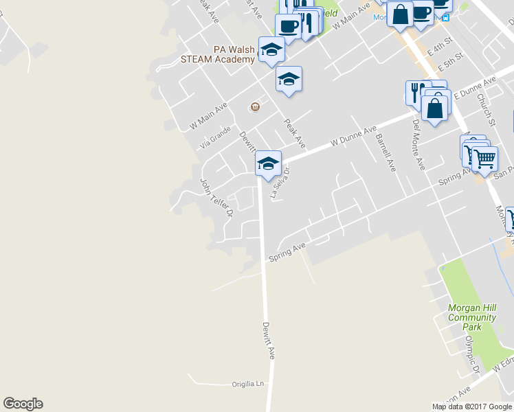 map of restaurants, bars, coffee shops, grocery stores, and more near 975 Oak Park Drive in Morgan Hill