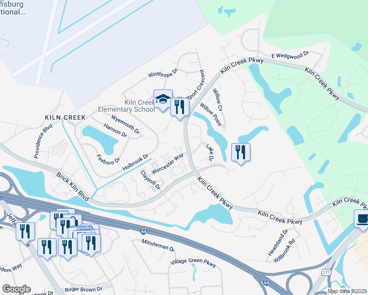 map of restaurants, bars, coffee shops, grocery stores, and more near 1401 Kiln Creek Parkway in Newport News