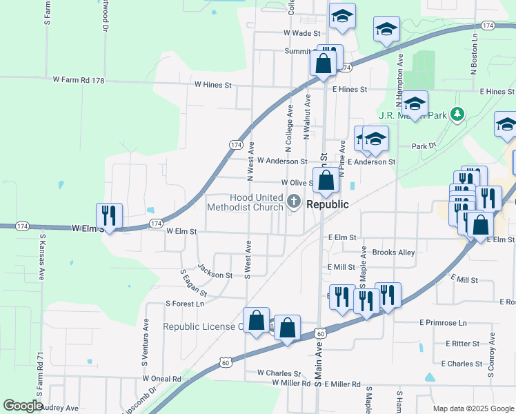 map of restaurants, bars, coffee shops, grocery stores, and more near 341 W Grant St in Republic