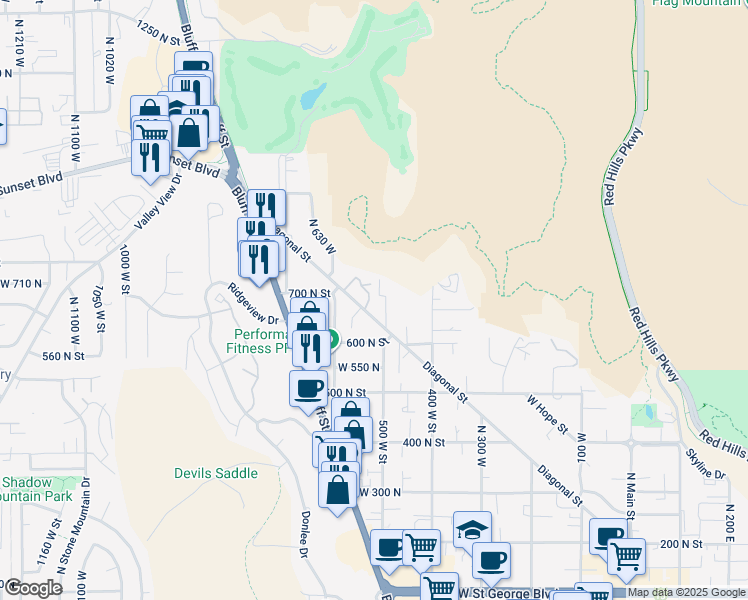 map of restaurants, bars, coffee shops, grocery stores, and more near 695 500 West Street in St. George