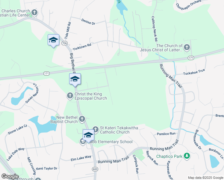 map of restaurants, bars, coffee shops, grocery stores, and more near 303 Heavens Way in Yorktown
