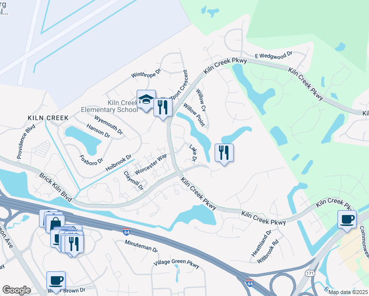 map of restaurants, bars, coffee shops, grocery stores, and more near 1277 Lake Drive in Newport News