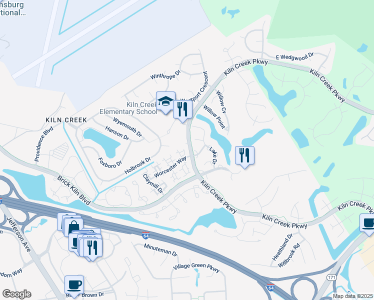 map of restaurants, bars, coffee shops, grocery stores, and more near 1401 Kiln Creek Parkway in Newport News