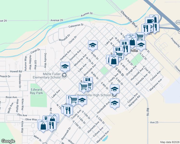 map of restaurants, bars, coffee shops, grocery stores, and more near 716 Riverside Avenue in Chowchilla