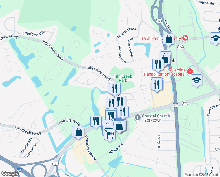 map of restaurants, bars, coffee shops, grocery stores, and more near 212 Persimmon Drive in Yorktown